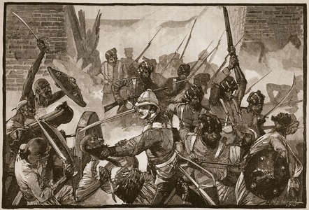 The attack on the British residency, Cabul  1879, illustration from 'Cassell's Illustrated History of England' (engraving) (sepia photo)