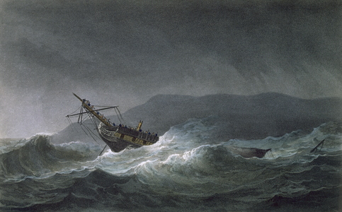 Loss of the Blanche, off Abrevack, 4th March, 1807, engraved by T. Sutherland for 'The Naval Chronology of Great Britain' by J. Ralfe, published 1820 (coloured engraving)