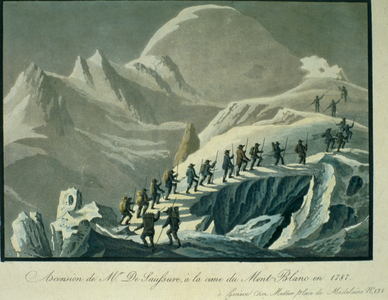 Ascent of Mr. De Saussure to the Summmit of Mont Blanc in 1787, from 'A Narrative of an Ascent to the Summit of Mont Blanc' by Charles Fellows (1799-1860), published 1827 (colour litho)
