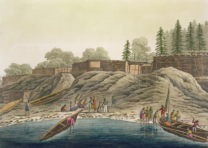Nutka Indians exchanging gifts with European explorers or whalers, from 'Le Costume Ancien et Moderne', Volume I, plate 18, by Jules Ferrario, published c.1820s-30s (colour litho)