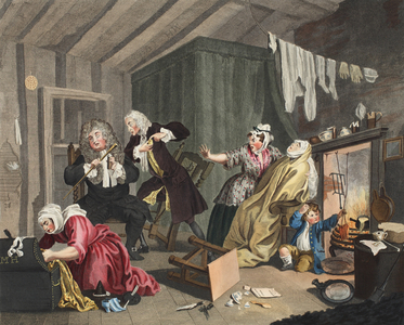 A Harlot's Progress, plate V, illustration from 'Hogarth Restored: The Whole Works of the celebrated William Hogarth, re-engraved by Thomas Cook', pub. 1812 (hand-coloured engraving)