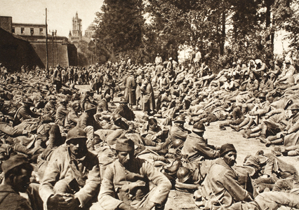 Prisoner collection point at Laon (b/w photo)