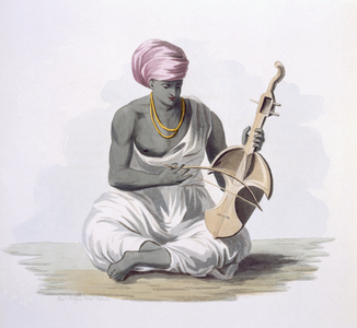 A Sarinda, or Hindostan type violin, from 'Costumes of India' by E. Orme, 1804 (coloured etching)
