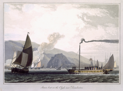Steam boat on the Clyde near Dumbarton, from 'A Voyage Around Great Britain Undertaken between the Years 1814 and 1825' published 1829 (coloured engraving)