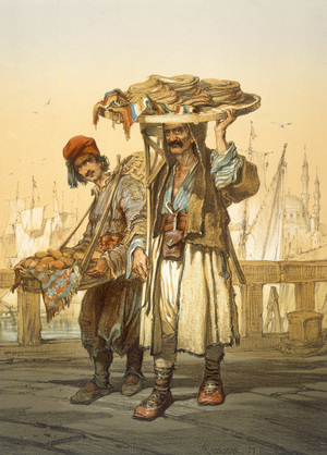 Bread Sellers on the Quay, 1865 (colour litho)