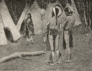 And her lovers, the rejected,... Handsome men with paint and feathers, from The Song of Hiawatha by Henry Wadsworth Longfellow (1807-82), pub. by George G. Harrap & Company Ltd., 1911 (litho)