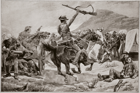 Charge of the Bushmen and New Zealanders on the Boer guns, near Klerksdorp, 24th March 1901 (litho)
