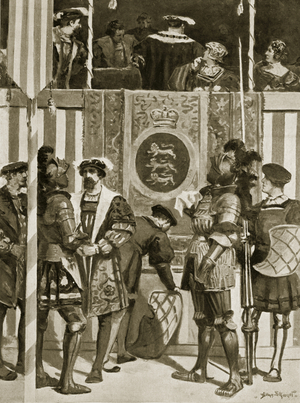 Sir Henry Norris picks up Anne Boleyn's handkerchief, illustration from 'Hutchinson's Story of the British Nation', c.1923 (litho)