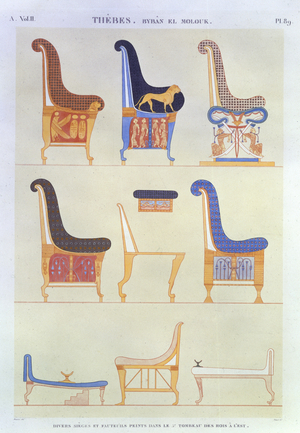 Illustrations of various painted seats and armchairs from the 5th Tomb of the Kings at the east, Byban el Molouk, plate 89 from Vol II of `Descriptions of Egypt`, engraved by Pomel, 1822 (aquatint)