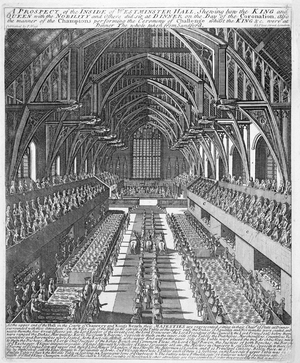 Westminster Hall during the celebrations after the Coronation of James II, 23 April 1685 (engraving)