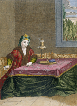 Turkish woman spinning thread, c.1708 (coloured engraving)