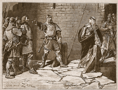 Surrender of Bamborough Castle, illustration from 'Cassell's Illustrated History of England' (engraving) (sepia photo)