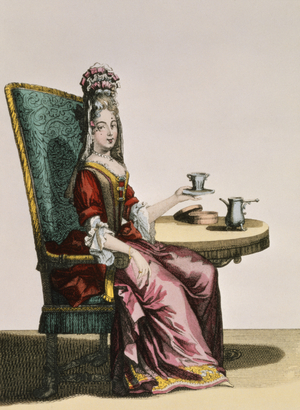 Lady Taking Coffee, fashion plate, c.1695 (engraving)