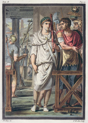 Lictors and Soldiers from the Retinue of Titus, costumes for 'Berenice' by Jean Racine, from Volume II of 'Research on the Costumes and Theatre of All Nations', engraved by Pierre Michel Alix (1762-1817) 1802 (coloured engraving)