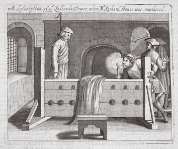 A description of the Lollards Tower, when Mr Richard Hunne was murdered, illustration from 'Acts and Monuments' by John Foxe, ninth edition, pub. 1684 (litho)