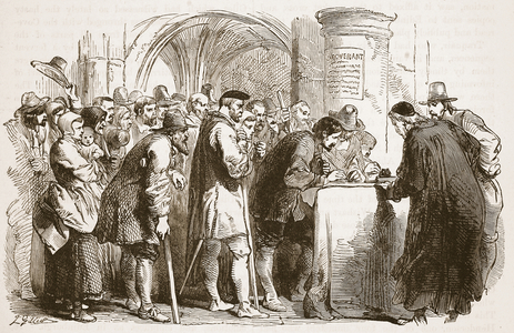 The people signing the Covenant in St. Gile's church, Edinburgh, illustration from 'Cassell's Illustrated History of England' (engraving) (sepia photo)
