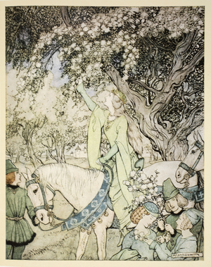 How Queen Guenever rode a-maying into the woods and fields beside Westminster, illustration from 'The romance of King Arthur and his knights of the Round Table' by Alfred W. Pollard, 1910 (colour litho)