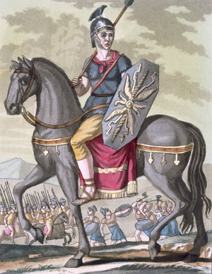 Roman cavalryman of the state army, illustration from 'L'Antique Rome', engraved by Labrousse, published 1796 (colour litho)