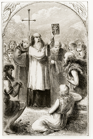 St. Patrick showing the people of Ireland the Four Gospels, from 'The Trias Thaumaturga, or Three Wonder-Working Saints of Ireland', by Mary Cusack (1829-99) published c.1890s (litho) (b/w photo)