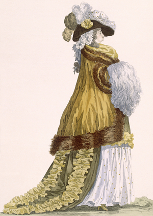 Lady's opera gown with luxurious satin cape with fur edging, engraved by Dupin, plate no.217 from 'Galeries des Modes et Costumes Francais', c.1778-87 (coloured engraving) 99:clothing; traditional dress; traditional costume; fashion; illustration; c18th; fashionable; clothes; plumed hat; female; feathered; feathers; coat; muff;