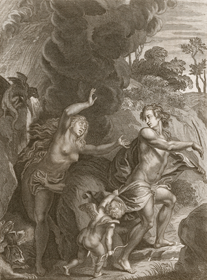 Orpheus, Leading Eurydice Out of Hell, Looks Back Upon her and Loses her Forever, 1731 (engraving)