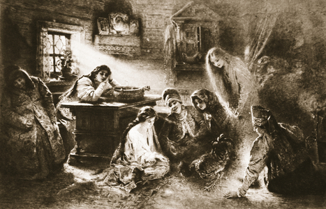 How many have sought to know the fate of beloved ones in the field: Fortune-telling in Russia, from 'The Illustrated War News' (litho)