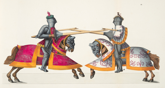 Two knights at a tournament, plate from 'A History of the Development and Customs of Chivalry', by Dr. Franz Kottenkamp, published by Carl Hoffmann, 1842 (colour litho)