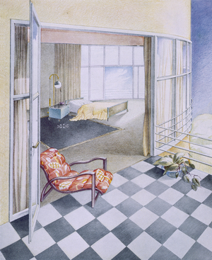 Bedroom, glass windows and french doors onto tiled balcony, from 'Modern Interiors in Colour', published by Julius Hoffman, Stuttgart, 1929 (colour litho)