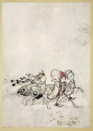 Enter Peasebottom, Cobweb, Moth, and Mustardseed, illustration from 'Midsummer Nights Dream' by William Shakespeare, 1908 (colour litho)