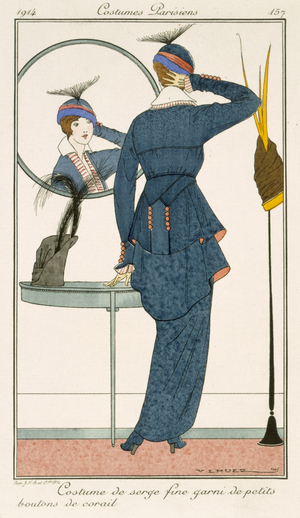Fine wool dress trimmed with coral buttons, from 'Costumes Parisiens', 1914 (colour litho)