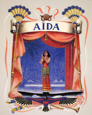 Front cover, Aida: The Story Of Verdi's Greatest Opera by Robert Lawrence, pub. by Grosset & Dunlap, 1938 (colour litho)