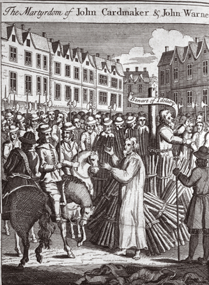 The martyrdom of John Cardmaker & John Warne, illustration from 'Foxes Martyrs' c.1703 (litho)