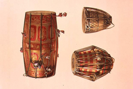 Drums: a nahabat, a mrdanga and a tan tan, Indian, from 'Musical Instruments' (coloured litho)