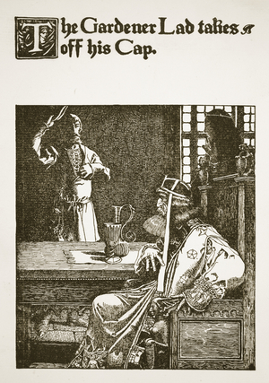 The Gardener Lad takes off his Cap, illustration from 'The Story of King Arthur and his Knights', 1903 (litho)