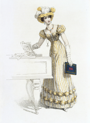 Evening dress, fashion plate from Ackermann's Repository of Arts (coloured engraving)