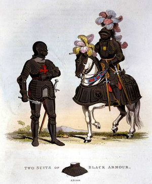 Two Suits of Black Armour, 1534, from 'Ancient Armour' by Samuel Rush Meyrick, 1824 (colour litho)