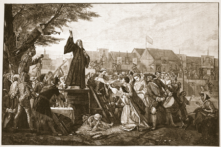 Whitefield preaching in Moorfields, illustration from 'The Church of England: A History for the People' by H.D.M. Spence-Jones, pub. c.1910 (litho) (sepia photo)
