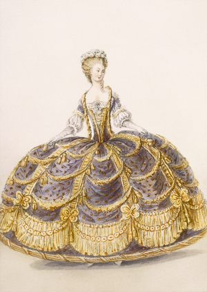 Gown suitable for presentation at court, plate from 'Galeries des Modes et Costumes Francais', c.1778-87 (coloured engraving) 99:clothing; traditional dress; traditional costume; fashion; illustration; c18th; fashionable; clothes; royal court; aristocracy; aristocrat; courtier; female; purple; yellow frill; bows; hooped;