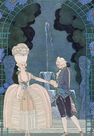 Love under the Fountain, illustration for 'Fetes Galantes' by Paul Verlaine (1844-96) 1928 (pochoir print)