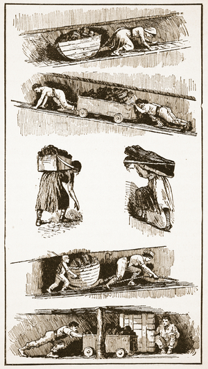 Child and woman labour in the coal mines prior to 1843, drawn from contemporary prints, illustration from 'The Church of England: A History for the People' by H.D.M. Spence-Jones, pub. c.1910 (litho)
