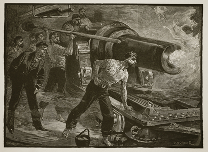 Naval warfare: working a ship's gun, engraved by W.J. Palmer (engraving)