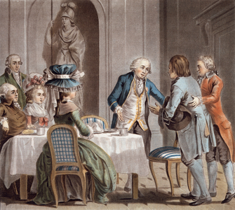 The Comte de Vaux (1705-88) offers food and drink to a farmer, engraved by Jean Baptiste Morret (fl.1790-1820), 1789 (coloured litho)