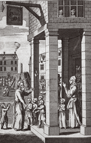 Thomas Wats taking leave of his wife and children, illustration from 'Foxes Martyrs' c.1703 (litho) 