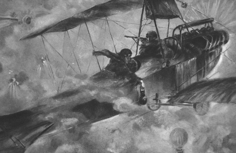 The German Airmen as their countrymen like to see them: A battle royal in mid-air, from 'The Illustrated War News' (litho)