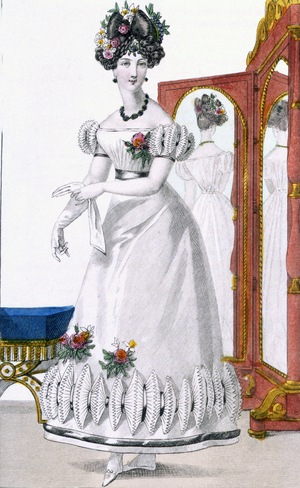Fashion plate of a lady in evening dress, advertisement from 'Modes de Paris', c.1825 (coloured engraving) (detail of 100997)