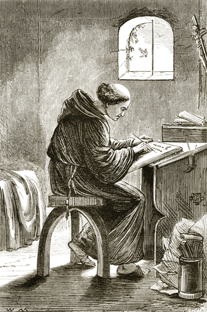 St. Vincent writing in his cell at Ferins, from 'The Trias Thaumaturga, or Three Wonder-Working Saints of Ireland', by Mary Cusack (1829-99) published c.1890s (litho) (b/w photo)