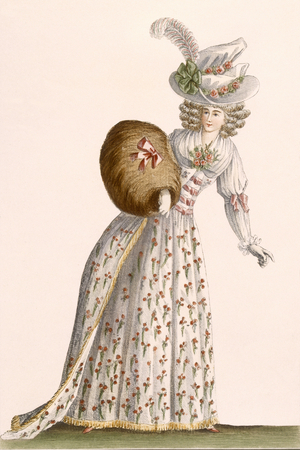 Lady's gown embroidered with small flowers, from 'Galeries des Modes et Costumes Francais', c.1778-87 (coloured engraving) 99:clothing; traditional dress; traditional costume; fashion; illustration; c18th; fashionable; clothes; female; muff; hat; white; embroidery; plume; plumed; feather; feathered; plate;