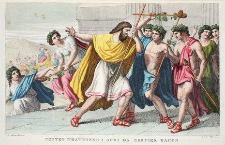 Pentheus Persecutes Bacchus' Disciples or Penteo Trattiene I suoi da Seguire Bacco, Book III, illustration from Ovid's Metamorphoses, Florence, 1832 (hand-coloured engraving)