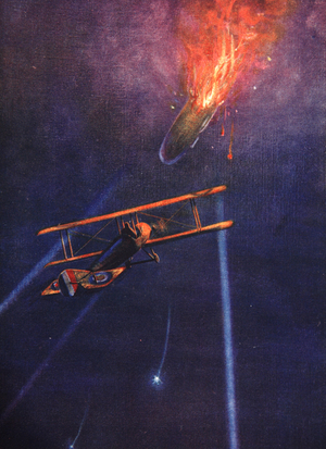 Lieutenant William Leefe Robinson brings down a Zeppelin at Cuffley near Enfield (colour litho)