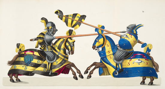 Two knights at a tournament, plate from 'A History of the Development and Customs of Chivalry', by Dr. Franz Kottenkamp, published by Carl Hoffmann, 1842 (colour litho)